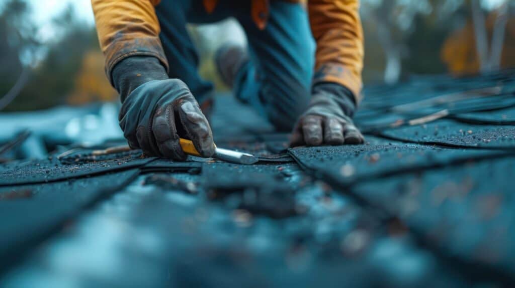 Handwerker in Schutzhandschuhen repariert Dachschindeln mit einem Werkzeug, Nahaufnahme der Hände bei der Arbeit.