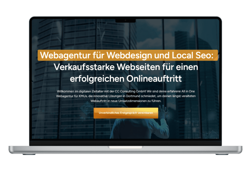Laptop mit Webseite der CC Consulting GmbH: Webagentur für verkaufsstarke Webseiten und Local SEO.
