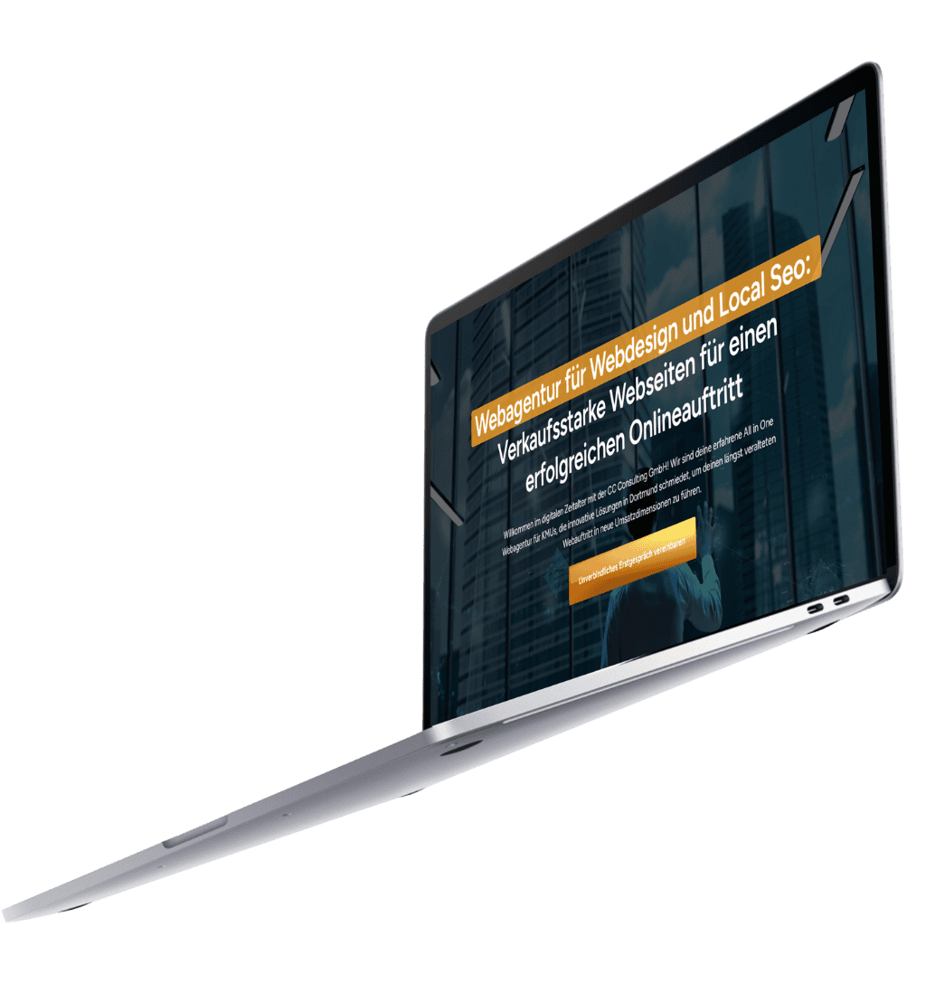 Seitlich geneigter Laptop mit Website der CC Consulting GmbH zu Webdesign und Local SEO.