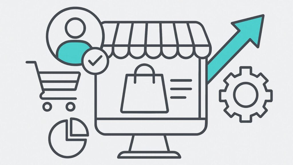 Moderne Illustration eines E-Commerce-Prozesses zur Darstellung von Expertise und strategischer Umsetzung