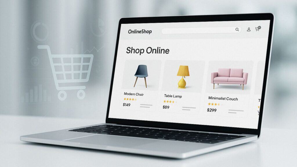 Visualisierung zentraler Erfolgsfaktoren im E-Commerce wie Ladezeit, Conversion-Optimierung und mobile Nutzerführung auf einem modernen Arbeitsplatz
