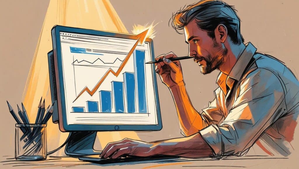 Illustration eines Handwerkers am Computer, der ein ansteigendes Balkendiagramm analysiert. Das Bild symbolisiert erfolgreiche SEO für Handwerker und zeigt den messbaren Anstieg der Sichtbarkeit durch gezielte Optimierungsmaßnahmen.