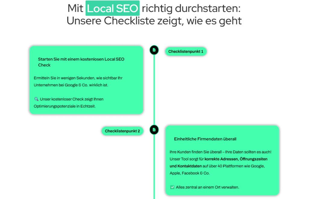 Visualisierte SEO Checkliste für Local SEO mit zwei hervorgehobenen Punkten: kostenloser Sichtbarkeits-Check und zentrale Verwaltung einheitlicher Firmendaten. Ideal zur Darstellung einer Schritt-für-Schritt-Optimierung für lokale Unternehmen.