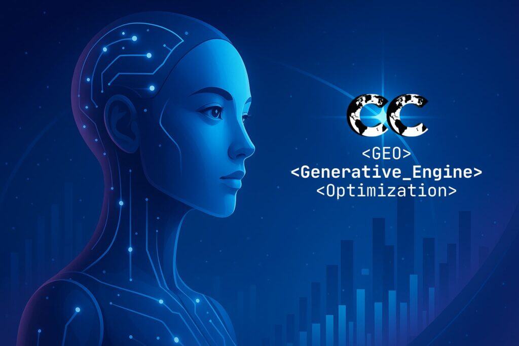 Futuristische Illustration einer weiblichen KI mit digitalem Interface vor einem blauen Hintergrund – ideal für Themen wie Generative Engine Optimization (GEO), KI-gestützte Markenpositionierung und zukünftige Suchmaschinenstrategien. Rechts das CC-Logo mit dem Schriftzug „GEO = Generative_Engine Optimization“