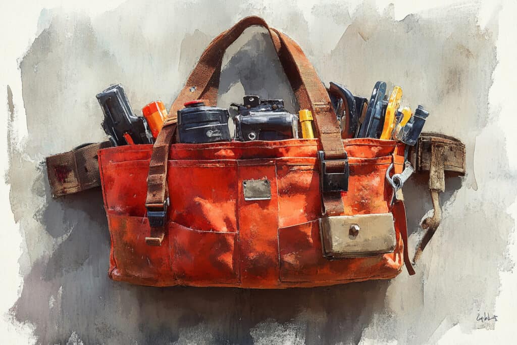Gefüllte rote Werkzeugtasche mit Schraubenziehern, Messgeräten und Zangen an einer Wand. Symbolbild für professionelles Handwerk – ideal als visuelle Darstellung für eine Handwerker Website mit Fokus auf Leistung, Qualität und Einsatzbereitschaft.