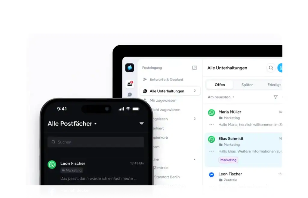 Posteingang mit Business-Kommunikation, Mobile & Desktop, effizientes E-Mail-Management.