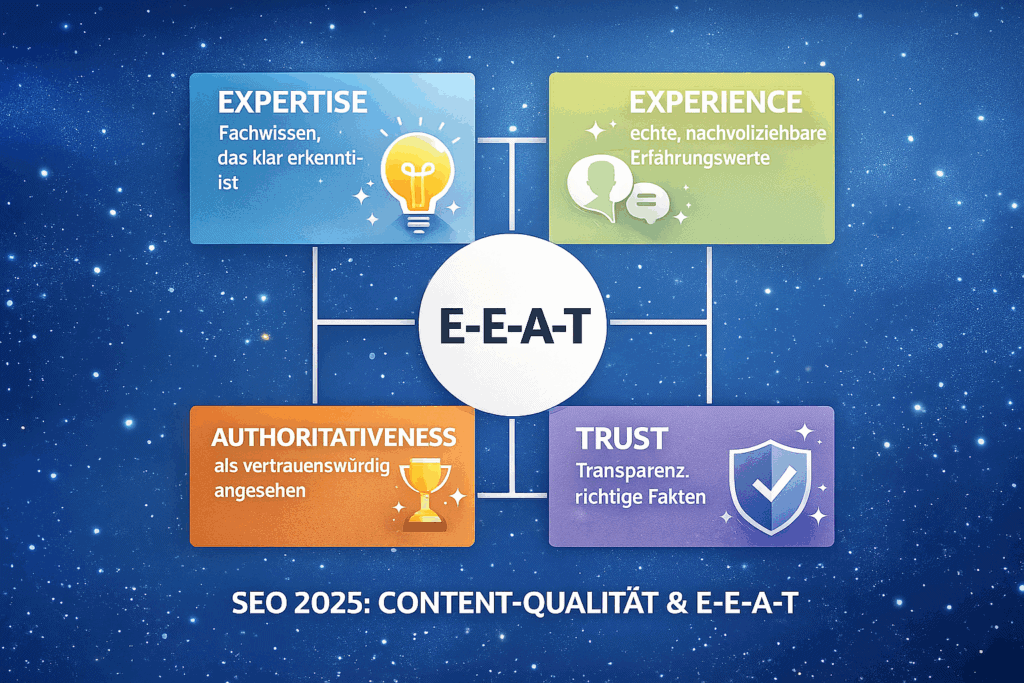 Innovatives E-E-A-T Konzept für SEO 2025, Expertise, Erfahrung, Autorität, Vertrauen.