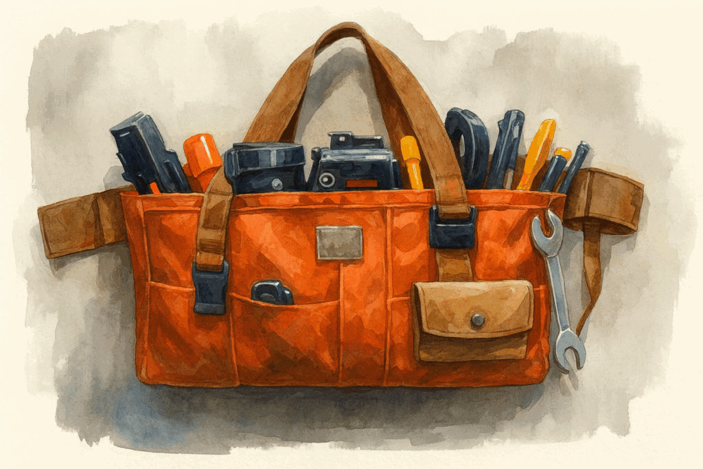 Werkzeugtasche mit Handwerker-Tools für IT-, Bau- oder Reparaturprojekte.