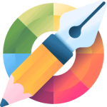 Illustration eines Bleistifts mit Zeichenfeder-Spitze vor einem bunten Farbkreis – Symbol für Grafikdesign oder kreatives Gestalten.