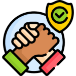 Icon mit zwei sich greifenden Händen als Zeichen für Partnerschaft oder Zusammenarbeit, ergänzt durch ein gelbes Schild mit grünem Häkchen für Sicherheit und Vertrauen.