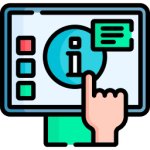 Symbol einer Hand, die auf ein Informationssymbol auf einem Touchscreen klickt – Darstellung für interaktive Informationen oder Hilfeoptionen auf digitalen Geräten.