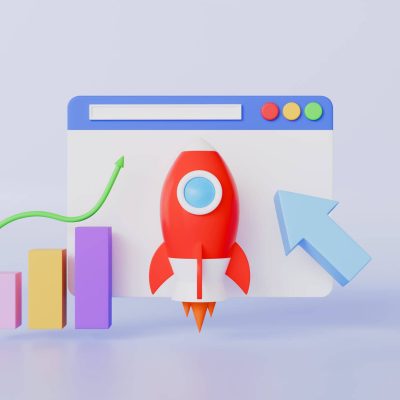 Illustration einer Website mit Rakete und Wachstumssymbol – Symbolbild für den Erfolg mit einer Local SEO Agentur.