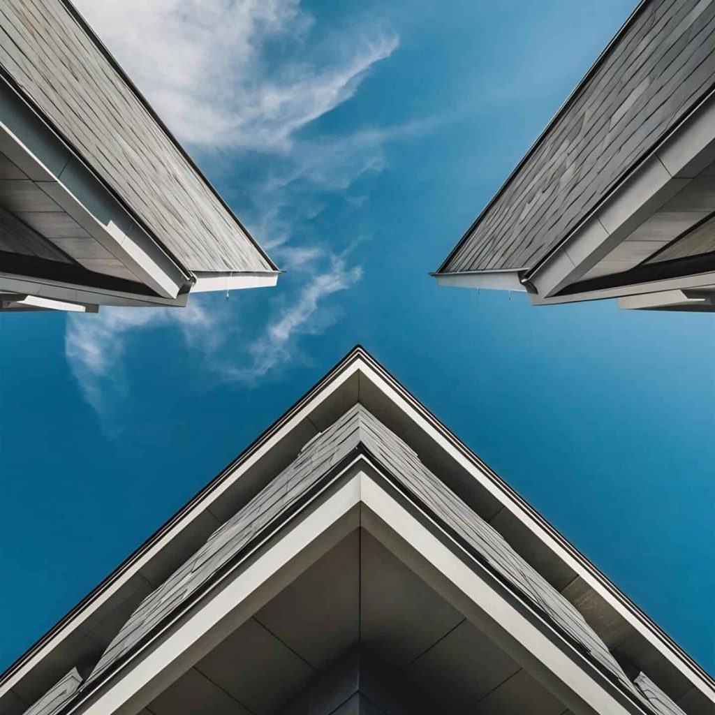 Moderne Hausdächer aus Schieferplatten, fotografiert aus niedriger Perspektive mit Blick in den Himmel.