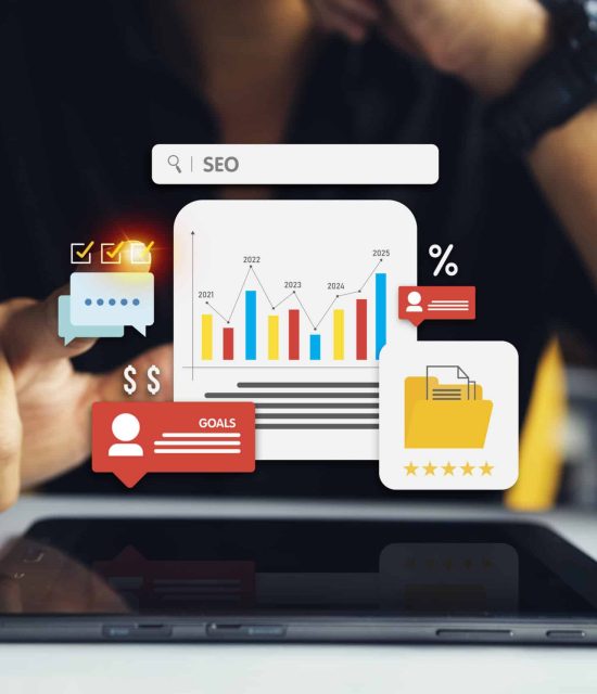 Person analysiert SEO-Daten auf Tablet mit digitalen Diagrammen – Symbolbild für effektives Lokales SEO und Online-Sichtbarkeit.